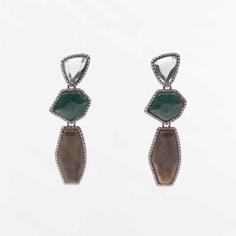 NWT. Zara Anthracite Grey Metal Earrings with Stones and Jewel Appliqués.